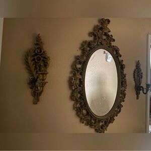 Vintage-Style Ornate Wall Mirror + Matching Sconces (Set of 3)